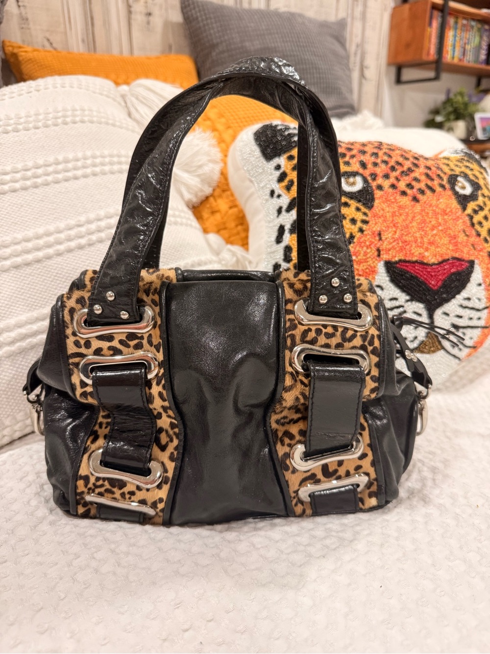 Steven by Steve Madden leather Black and Leopard Print Women's handbag Satchel